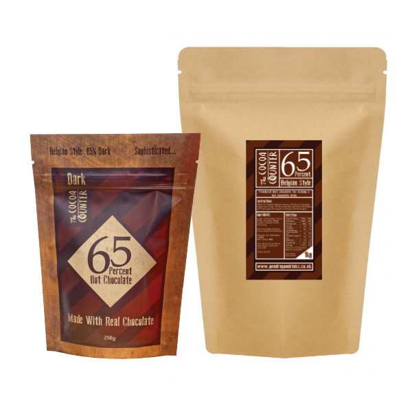 65% Dark Luxury  Chocolate Flakes in a 1kg. and 250 grams bags.