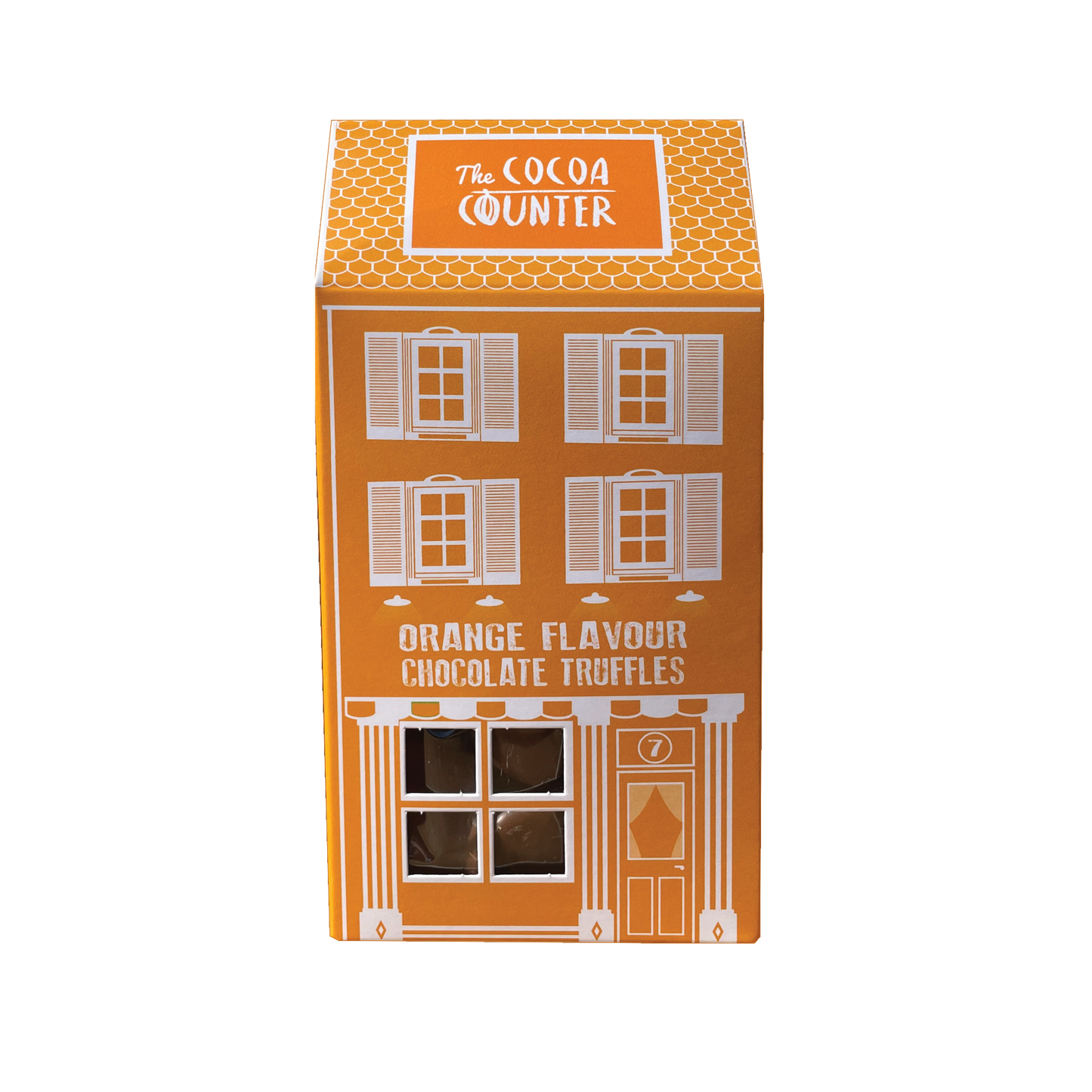 Orange Flavour Truffles placed in an orange box in the shape of a house.