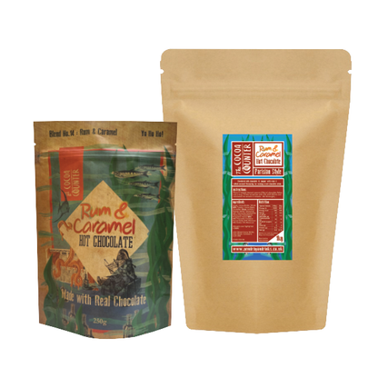 Milk Rum and Caramel Hot Chocolate Flakes in a 1kg. and 250 grams bags. 