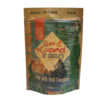 Milk Rum and Caramel Hot Chocolate Flakes in a 250 grams bag. 