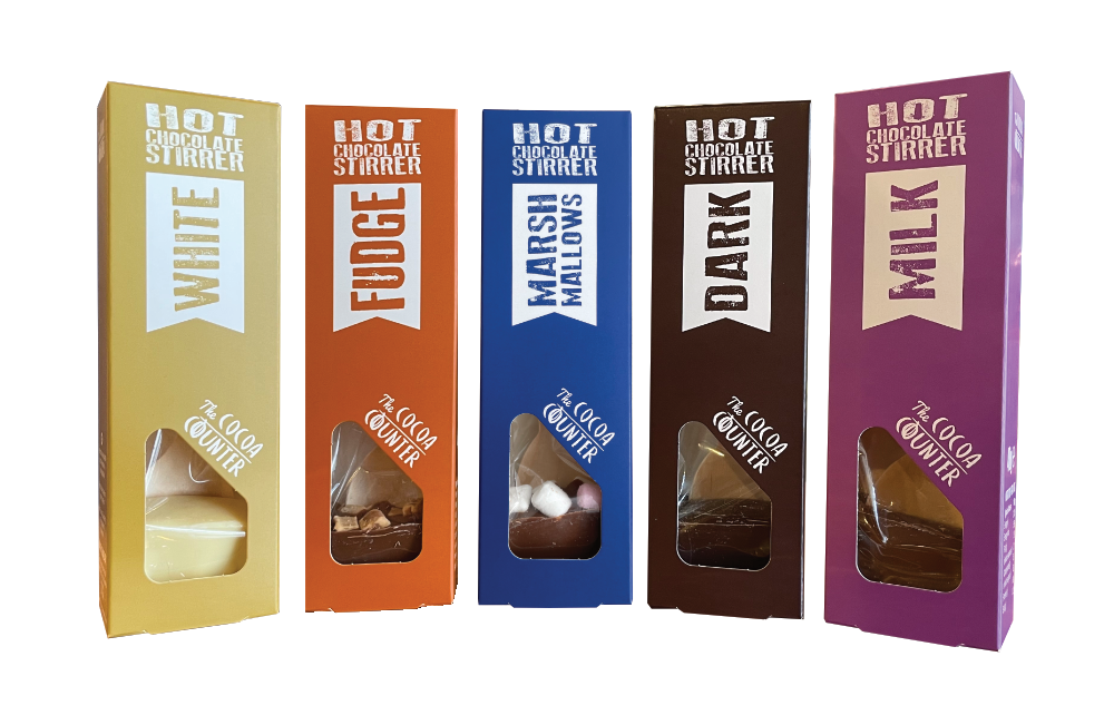  Hot Chocolate Stirrer Collection. White, Milk with Fudge, Milk with Marshmallows, Dark and Milk.