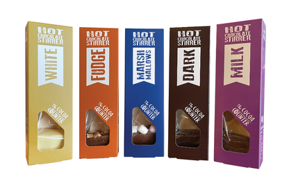  Hot Chocolate Stirrer Collection. White, Milk with Fudge, Milk with Marshmallows, Dark and Milk.